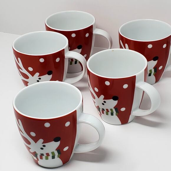 Crate & Barrel Reindeer Set Of 5 Red w/ Scarf Mug or Cup - Coffee, Tea Clean - Picture 7 of 9